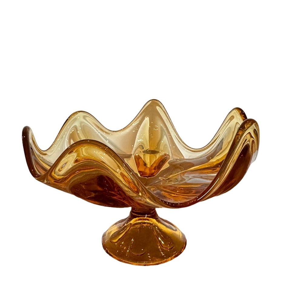 Vintage Amber Viking MCM Glass Footed Petal Pedestal Bowl Candy Dish